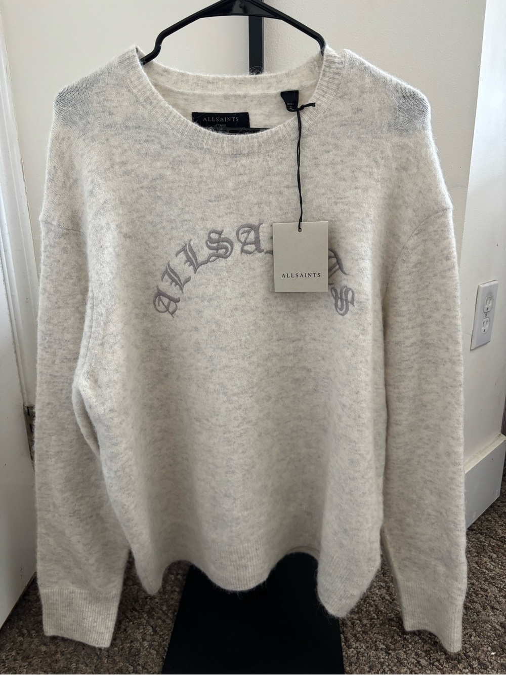 All Saints Men’s Light Gray Logo Crewneck Sweater